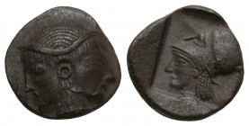 MYSIA, Lampsakus. Circa 500-450 BC.
AR Diobol Janiform female heads / Helmeted head of Athena left within incuse square. Baldwin, Lampsakos, Group A,...