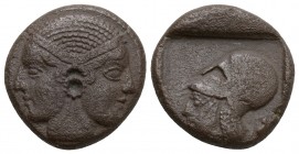 Mysia Lampsakos. Circa 500-450 BC. Drachm Silver,
Janiform female head, with circular earring. Rev. Helmeted head of Athena to the left within a shal...