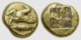 Mysia Kyzikos. Circa 500-450 BC.
Stater (Electrum) Forepart of a winged doe to left, with rounded wing; below, swimming downwards to left, tunny fish...