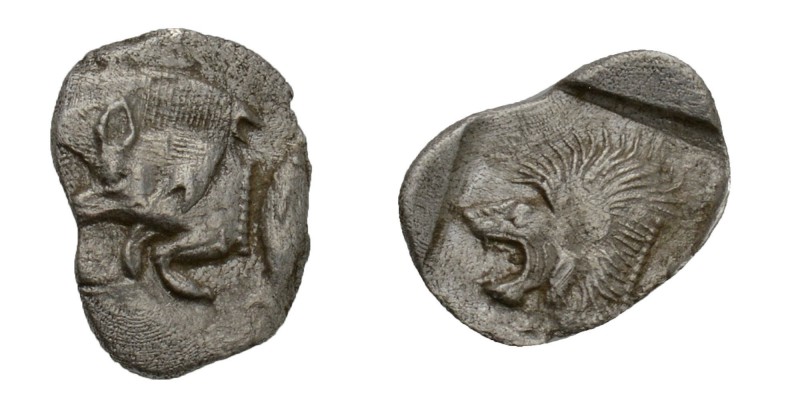 Greek, Mysia, c. 450-400 BC, AR Obol, Kyzikos
Obverse: Forepart of boar left; t...