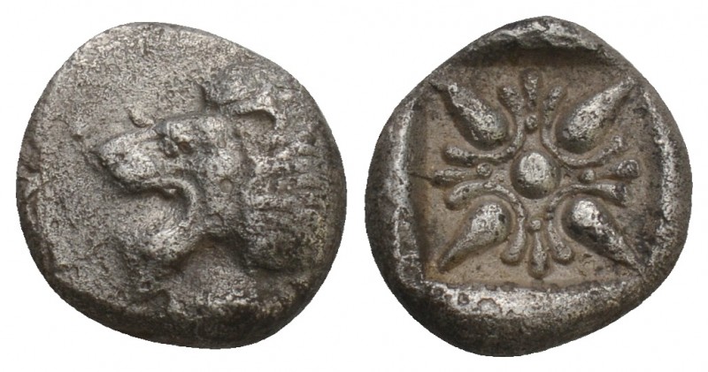 IONIA, Miletos. 600-550 BC. 
AR Obol Forepart of roaring lion, head turned back...