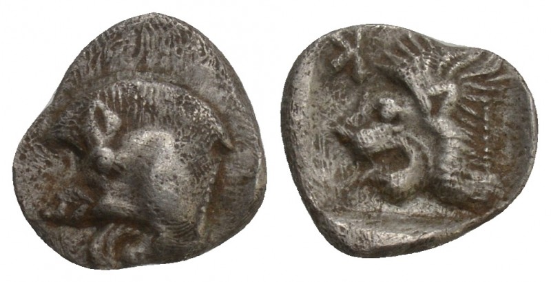 Mysia, Kyzikos AR Obol. Around 450-400 BC.
Forepart of boar left, tunny upward ...