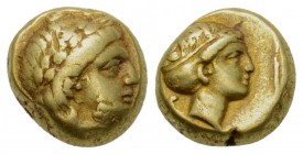 Greek, Lesbos, c. 377-326 BC, EL Hect, Mytilene
Obverse: Laureate head of Apollo right
Reverse: Head of Artemis right, hair in jackets, within linea...