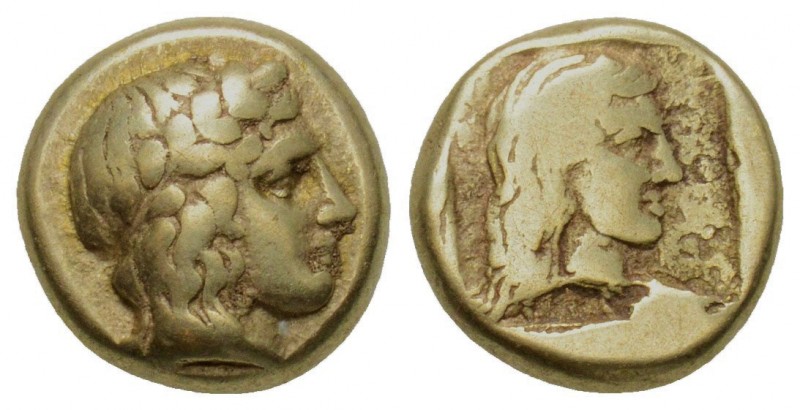 Greek, Lesbos, c. 396 BC, EL Hekte, Mytilene
Obverse: Laureate head of Apollo r...