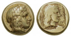 Greek, Lesbos, c. 396 BC, EL Hekte, Mytilene
Obverse: Laureate head of Apollo right
Reverse: Female head right with long flowing hair, wearing neckl...