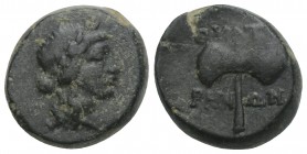 Lydia, Thyateira. Civic issue. 2nd century BC AE
laureate head of Apollo right / ΘΥΑΤΕ [Ι] / ΡΗ-ΝΩΝ, ethnic above and across handle of bipennis (doub...