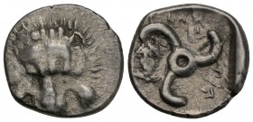 Dynasts of Lycia. Pericles (c. 380-360 BC).
AR 1/3 stater uncertain mint. Obv. Facing lion's scalp.
Rev. 'Pericles' in Lycian; triskeles; to left, l...
