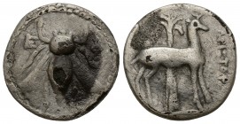 Ionia, Ephesos. AR Drachm (202-150 BC) 
[Themi?]stagoras magistrate. Obv. E - Φ, Bee.
Rev. [ΘEMI?]ΣTAΓOPAΣ, Stag standing right before palm tree. SN...