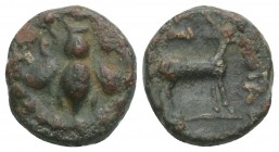 IONIA. Ephesus. Ae (Circa 200 BC).
Eythoukrates, magistrate, Condition Very Good 1.8 gr. 13 mm.