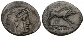 M. Volteius M. f. AR 75 BC. 
Denarius. Rome, Head of young Hercules right, wearing lion skin headdress / Erymanthian Boar charging right; M • VOLTEI ...
