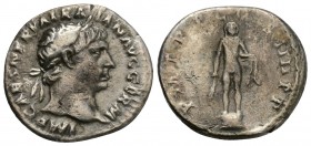 Trajan, AD (98-117)
AR Denarius, Rome, Obverse: IMP CAES NERVA TRAIAN AVG GERM Bust laureate right, fold of cloak on left shoulder and behind neck
R...