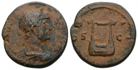Hadrian Æ As. Antioch, AD 119-138. 
HADRIANVS AVGVSTVS, laureate, draped and cuirassed bust right / COS III, lyre; S-C across fields. RIC 684; McAlee...