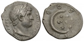 Hadrianus 117-138 Denarius, Rome, 125-128. Hunt: HADRIANVS AVGVSTVS, head with laurel wreath r. Rev: COS III, Seven Stars over Crescent Moon. RIC pp. ...