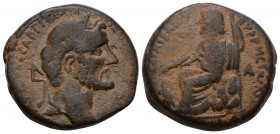 Cyrrhestica. Cyrrhus. Antoninus Pius AD 138-161.
Bronze Æ, Laureate head right / ΔIOC KATAIBATATOY KΥPPHCTΩN, Zeus Kataibates, wearing himation over ...