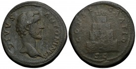 Antoninus Pius AD 138-161. Rome
Sestertius Æ, DIVVS ANTONINVS, bare head right / CONSECRATIO, funeral pyre of four tiers decorated with garlands, sur...