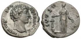 Marcus Aurelius (AD 139-161). Marcus Aurelius as Caesar, denarius - Juventas standing, Condition Very good. 3.1 gr. 17.5 mm.
