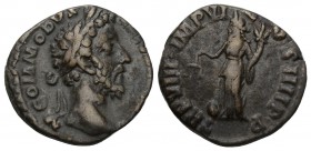 Commodus. A.D. 177-192.
AR denarius Rome mint, struck A.D. 184. M COMMODVS ANTON AVG PIVS, laureate head right / TR P VIIII IMP VI COS IIII PP, Aequi...