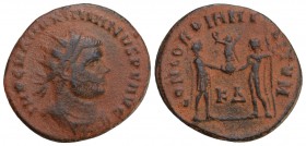 Maximianus Æ Antoninianus. Cyzicus, AD 296. 
Radiate, draped, and cuirassed bust right / CONCORDIA MILITVM, Emperor standing right receiving Victory ...