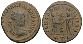 Maximianus Herculius AD 286-305. 
Cyzicus, Antoninianus Æ, IMP C M A MAXIMIANVS AVG, radiate and draped bust right / CONCORDIA MILITVM, Maximianus st...
