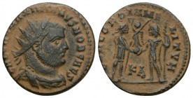 Maximianus Æ Antoninianus. Cyzicus, AD 296. 
Radiate, draped, and cuirassed bust right / CONCORDIA MILITVM, Emperor standing right receiving Victory ...
