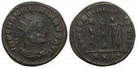 Maximianus Æ Antoninianus. Heraclea, AD 292-295. 
IMP C M A MAXIMIANVS AVG, radiate and draped bust right / CONCORDIA MILITVM, Jupiter presents Victo...