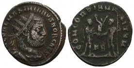 Maximianus Herculius AD 286-305. 
Struck circa AD 295-299. Cyzicus, Follis Æ, IMP C MA MAXIMIANVS PF AVG, radiate draped bust right / CONCORDIA MILIT...