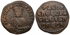 Leo VI the Wise. AD 886-912. 
Constantinople, Follis Æ
Obv: + LEON bASILEVS ROM star, Leo, crowned and wearing loros, seated facing on lyre-backed t...