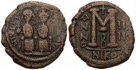 Justin II and Sophia AD 565-578. Regnal Year 9=AD 573/4. Nikomedia
Follis Æ, Justin and Sophia seated facing on double-throne, each holding globus-cr...