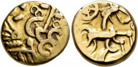 CELTIC, Northeast Gaul. Nervii. Late 2nd to mid 1st centuries BC. Stater (Gold, 16 mm, 5.92 g, 11 h), 'à l'epsilon' type. Devolved and disjointed laur...