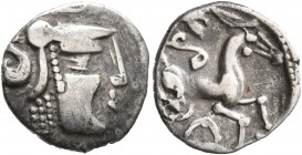 CELTIC, Northwest Gaul. Aulerci Cenomani. Circa 80-50 BC. 'Obol' (Silver, 13 mm, 0.91 g, 3 h). Helmeted head to right. Rev. Celticized horse to right;...