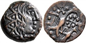CELTIC, Northwest Gaul. Carnutes. Circa 50-30 BC. AE (Bronze, 16 mm, 3.57 g). Celticized male head to right. Rev. Two eagles flying right, one larger ...