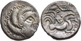 CELTIC, Northwest Gaul. Coriosolites. Circa 100-50 BC. Stater (Silver, 20 mm, 6.07 g, 1 h), 'au nez pointé' type. Celticized male head to right, the h...