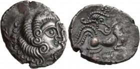 CELTIC, Northwest Gaul. Coriosolites. Circa 100-50 BC. Stater (Billon, 24 mm, 6.42 g, 10 h). Celticized head of Apollo to right, his hair in large spi...