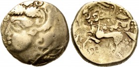 CELTIC, Central Gaul. Bituriges Cubi. Late 2nd to early 1st century BC. Stater (Gold, 20 mm, 7.18 g, 4 h). Celticized male head to left with thick and...
