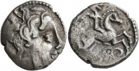 CELTIC, Central Gaul. Pictones. Circa 100-50 BC. Drachm (Silver, 17 mm, 3.10 g, 9 h). Male head to right. Rev. Warrior on horseback to right, holding ...