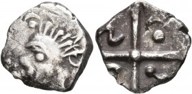 CELTIC, Southern Gaul. Tolostates. Mid 2nd to early 1st century BC. Drachm (Silver, 15 mm, 2.72 g), 'à la croix' type. Celticized male head with Afric...