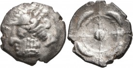 CELTIC, Southern Gaul. Uncertain tribe. Circa 2nd century BC. Drachm (Silver, 20 mm, 4.00 g), imitating Rhode. Celticized head of Persephone to left, ...