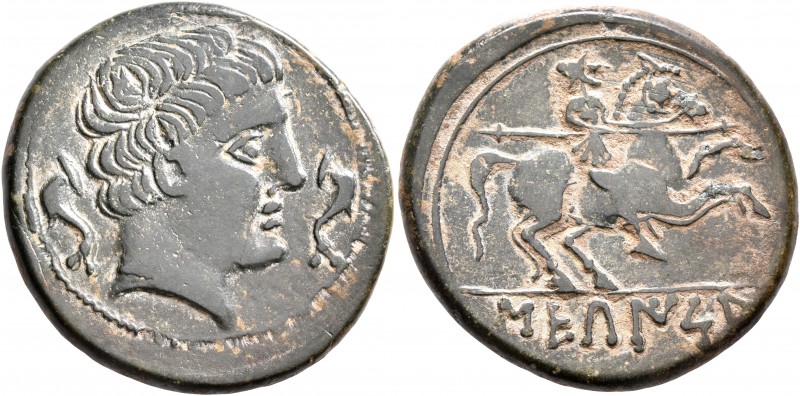 SPAIN. Sekaisa. Circa 100-50 BC. AE (Bronze, 25 mm, 9.54 g, 4 h). Male head to r...