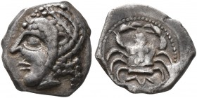GAUL. Massalia. Circa 460-450 BC. Obol (Silver, 10 mm, 0.65 g, 8 h). Archaic head of Apollo to left. Rev. Crab; below, M. LT 511. Maurel 214. Beautifu...