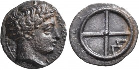 GAUL. Massalia. Circa 410-380 BC. Obol (Silver, 10 mm, 0.71 g). MAΣΣAΛIΩ-TAN Horned head of Lakydon to right. Rev. Wheel of four spokes; M in one quar...