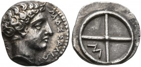 GAUL. Massalia. Circa 410-380 BC. Obol (Silver, 10 mm, 0.69 g). MAΣΣAΛIΩT-AN Horned head of Lakydon to right. Rev. Wheel of four spokes; M in one quar...