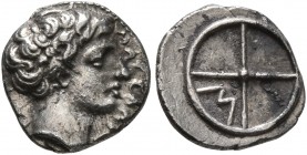 GAUL. Massalia. Circa 410-380 BC. Obol (Silver, 10 mm, 0.60 g). MAΣΣAΛIΩT-AN Horned head of Lakydon to right. Rev. Wheel of four spokes; M in one quar...