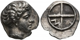 GAUL. Massalia. Circa 410-380 BC. Obol (Silver, 10 mm, 0.77 g). Horned head of Lakydon to right. Rev. Wheel of four spokes; M in one quarter. Chevillo...