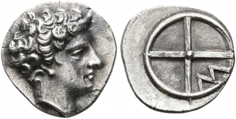 GAUL. Massalia. Circa 410-380 BC. Obol (Silver, 10 mm, 0.79 g). Horned head of L...
