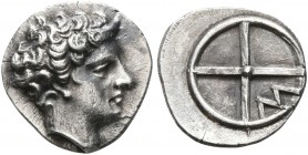 GAUL. Massalia. Circa 410-380 BC. Obol (Silver, 10 mm, 0.79 g). Horned head of Lakydon to right. Rev. Wheel of four spokes; M in one quarter. Chevillo...