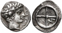 GAUL. Massalia. Circa 410-380 BC. Obol (Silver, 10 mm, 0.74 g). MAΣΣAΛI Horned head of Lakydon to right. Rev. Wheel of four spokes; M in one quarter. ...