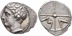 GAUL. Massalia. Circa 336-310 BC. Obol (Silver, 10 mm, 0.74 g). Bare head of Apollo to left. Rev. M-A within wheel of four spokes. Maurel 359. Beautif...