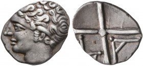 GAUL. Massalia. Circa 310-250 BC. Obol (Silver, 10 mm, 0.59 g). Bare head of Apollo to left. Rev. M-A within wheel of four spokes. Maurel 374. Beautif...