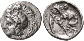 CALABRIA. Tarentum. Circa 380-325 BC. Diobol (Silver, 12 mm, 1.24 g, 11 h). Head of Athena to left, wearing crested Corinthian helmet adorned with Sky...