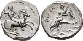 CALABRIA. Tarentum. Circa 332-302 BC. Didrachm or Nomos (Silver, 21 mm, 7.90 g, 3 h), Philis..., magistrate. Nude rider on horse galloping to right, s...